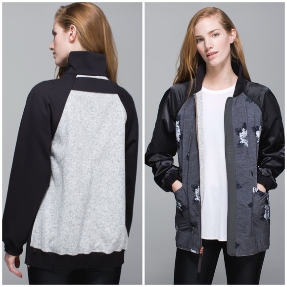 Lululemon Both Ways Bomber Jacket Heathered White Black Atomic Flower Reversible - Picture 2 of 13